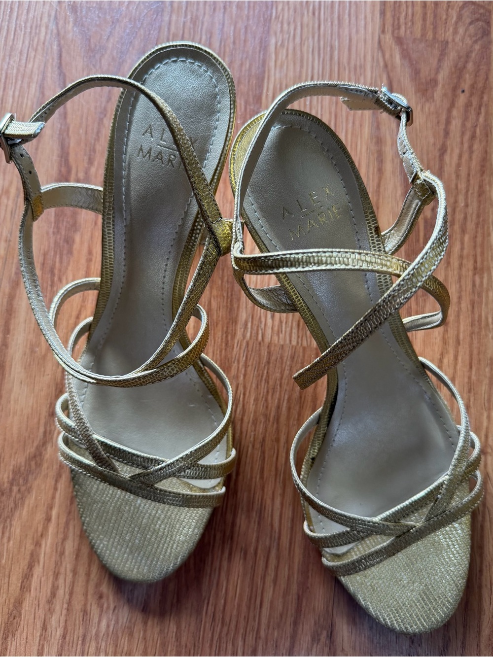 Alex Marie Metallic Gold Strappy Ankle-Heel Sandals
